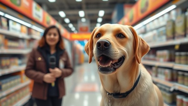 AI video creation implications: engaging scene with dog and presenter in store.