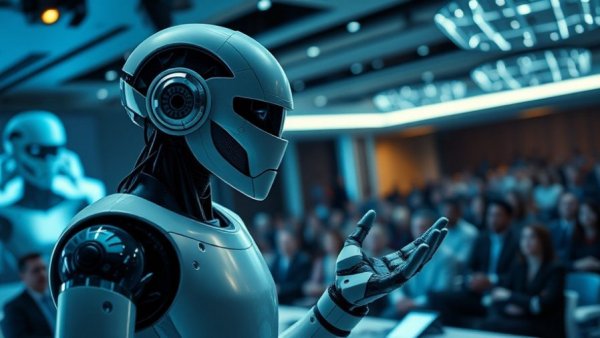 Google Gemini 3 AI Intelligence presentation with futuristic robot and audience.