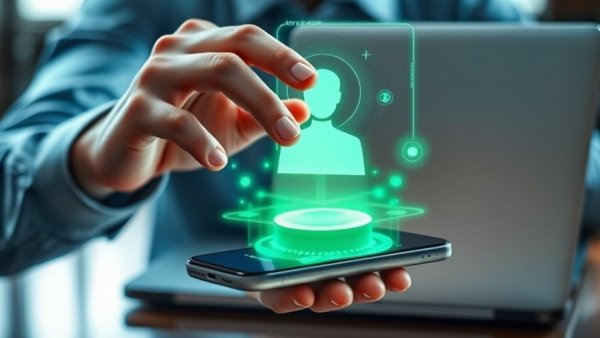 Person using smartphone with holographic AI assistant display.