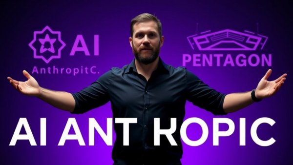 Bearded man with AI Anthropic, Pentagon logos, dramatic look