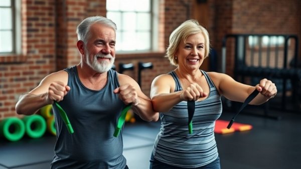 Seniors in high-end active adult community practicing fitness with resistance bands.