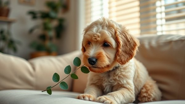 Playful golden doodle puppy sniffing leaves on a couch, weekend activity.