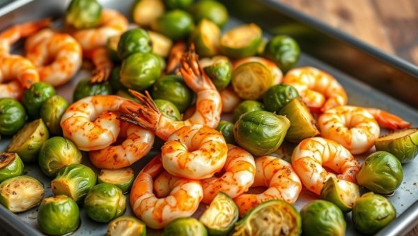 Roasted Asian Shrimp and Brussels Sprouts on a baking sheet, appetizing meal.