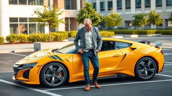 Man inspecting a yellow sports car in an urban parking lot.