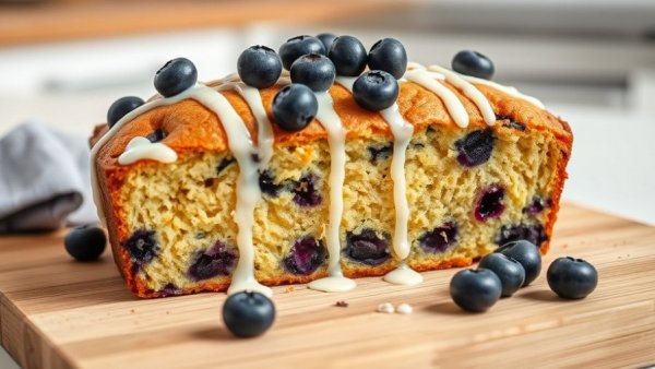 Freshly baked lemon blueberry loaf with icing and blueberries.