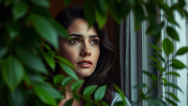 Woman reflecting by window with greenery, related to anxiety medications SSRIs.
