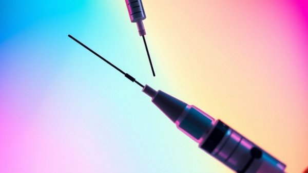 Close-up of syringe and vial on colorful background