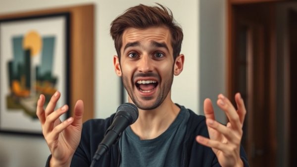 Young man speaking into a microphone indoors, casual setting.