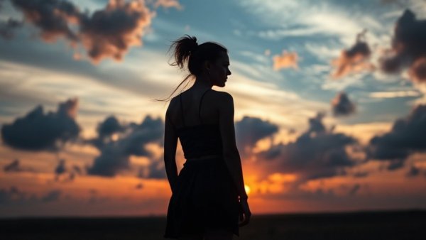 Silhouetted woman under dramatic sky symbolizing vicarious trauma coping.