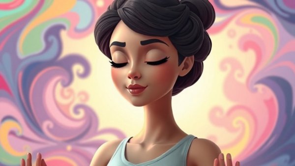 Serene woman meditating, illustrating Vipassana meditation benefits in a vibrant abstract setting.