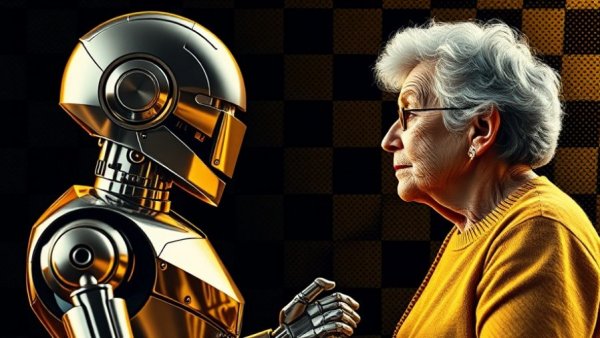 AI robot and elderly woman in conceptual art piece.