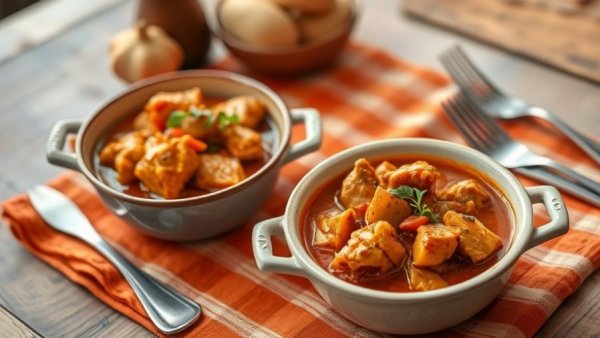 Paprika chicken recipe in bowls on orange cloth.