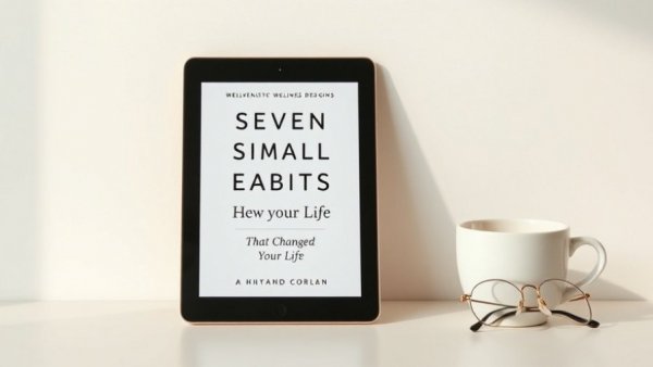 Tablet showing a wellness book cover with coffee and glasses.