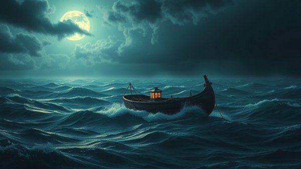 Solitary boat finding inner peace amidst chaos on stormy sea.