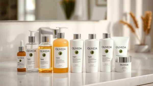 Oliveda Skincare Faves products on bathroom counter.
