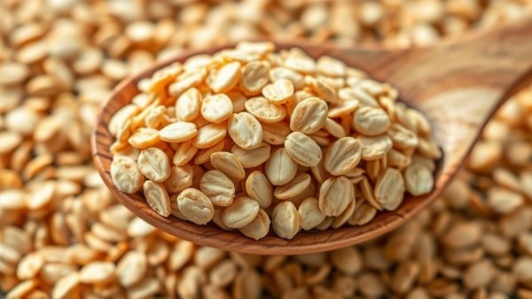 Close-up of oatmeal for lowering cholesterol on a wooden spoon.