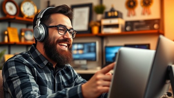Excited man with headphones in AI studio discussing Access Nano Banana 2, well-lit.