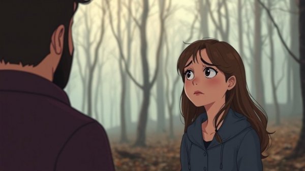 Emotional young woman looks sad as man walks away in misty forest, illustrating childhood trauma effects on relationships.