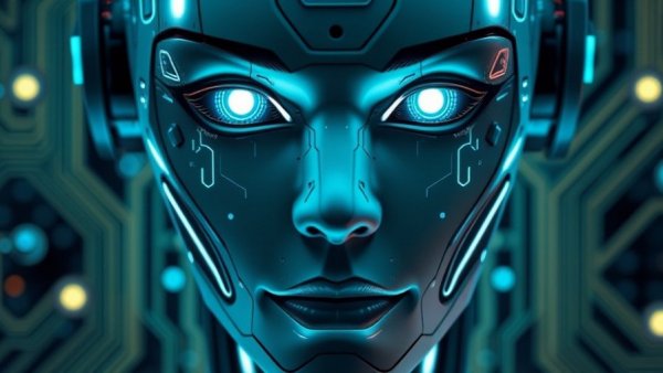 Futuristic robotic face with circuits, neon digital design.