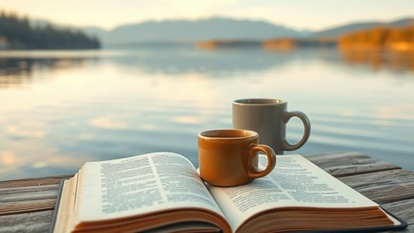 Serene lakeside morning with open book and mug, reflecting on effective daily habits for change.
