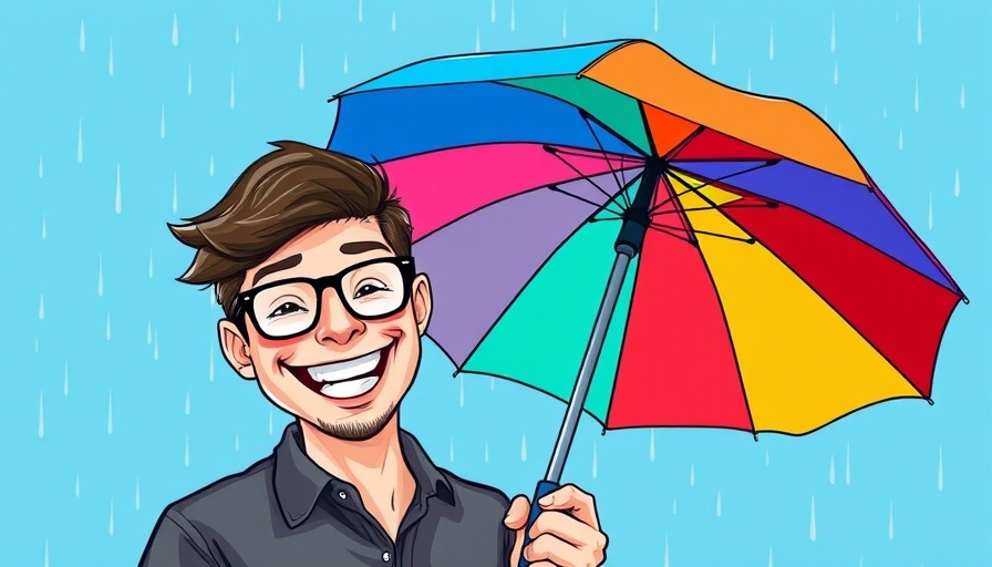 Cheerful man with umbrella in digital ad, colorful backdrop.