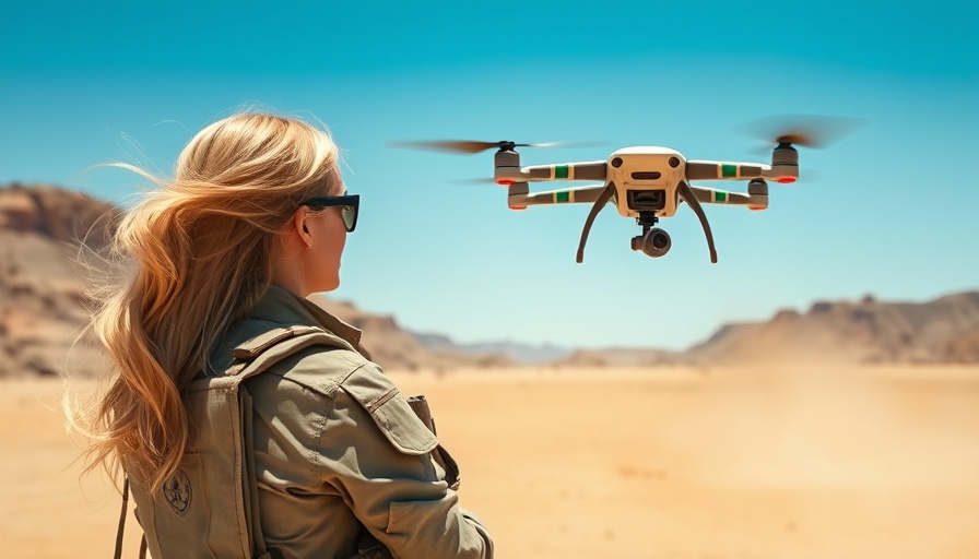 Blonde female monitoring drone flight in desert landscape, dual-use AI.