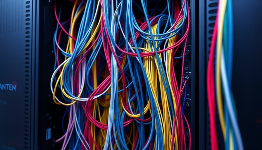 Intricate network cables in a server rack showcasing data complexity.