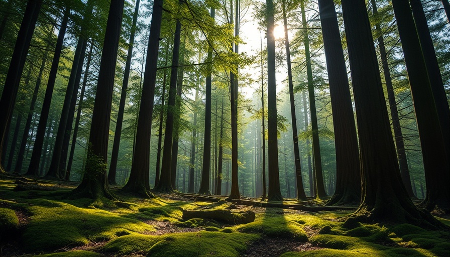 Serene forest with lush moss, dappled sunlight.