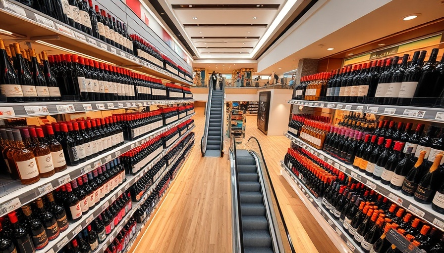 Aerial view of a wine store in a shopping mall with escalators, recommender systems concept.