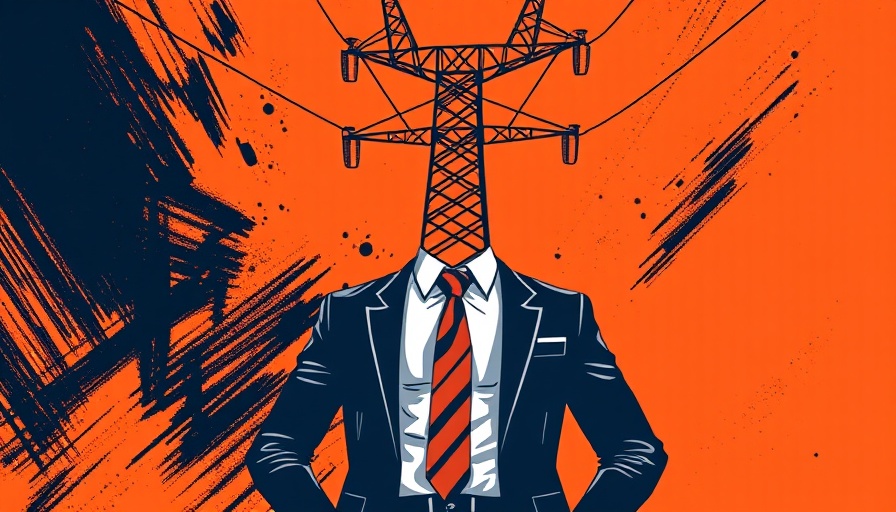 Stylized energy pylon in business suit symbolizing cheap energy for tech