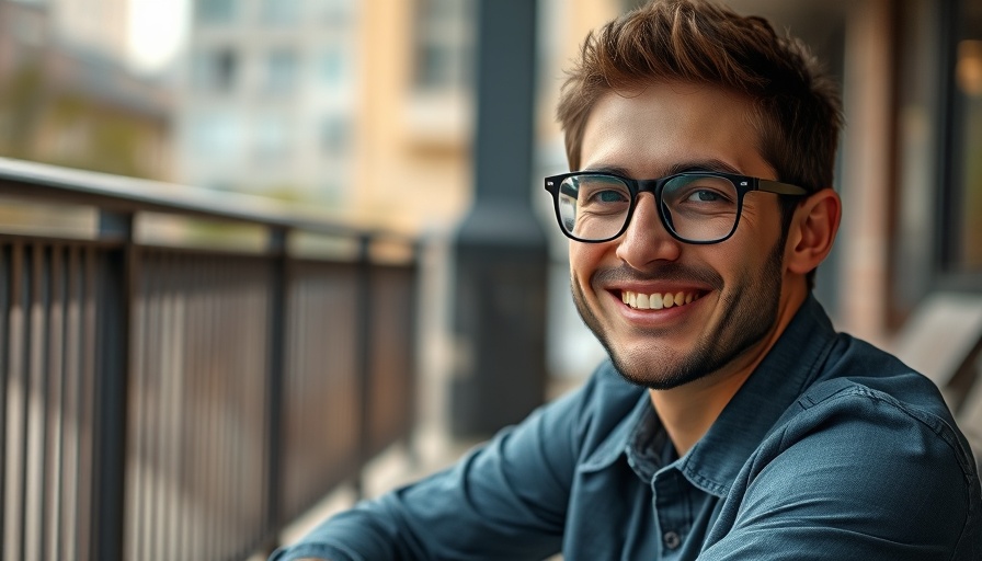 Smiling person outdoors with glasses, natural ambiance, AI in Business.