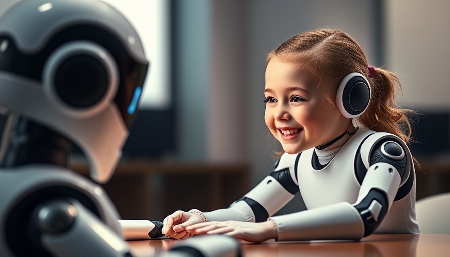 Child smiling at robot, Lockheed Martin AI concept.