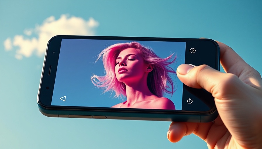 Futuristic smartphone displaying digital art against a vivid sky background.