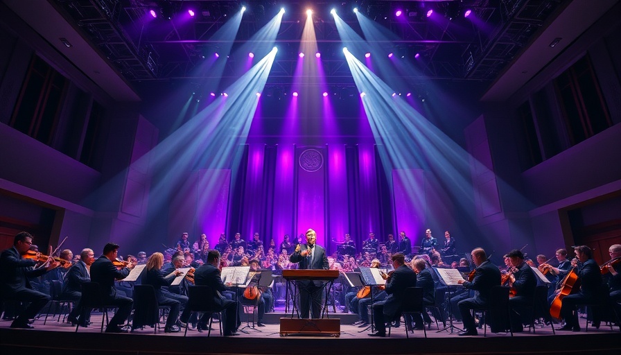 Orchestra at Game Awards, galaxy backdrop, purple lights.