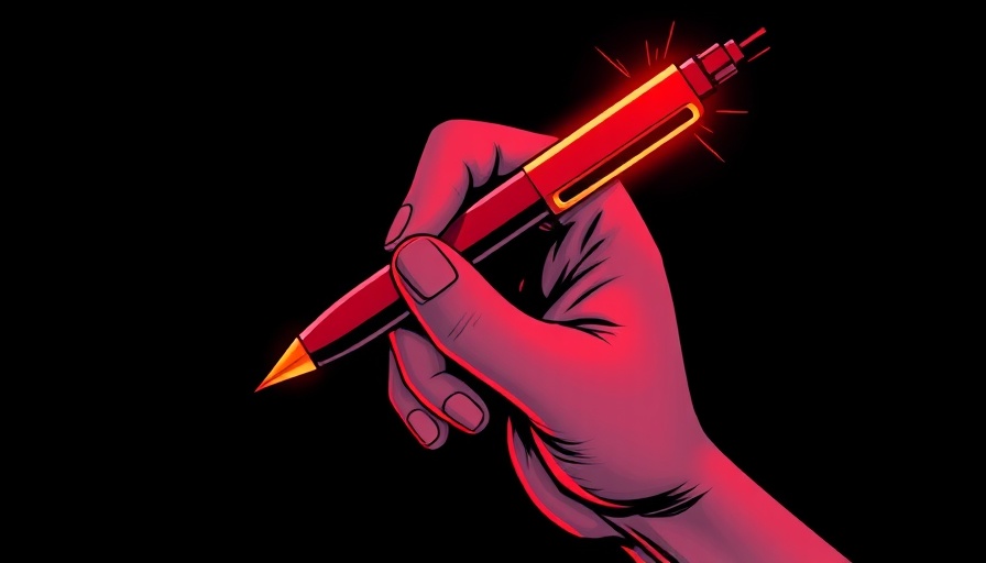 Hand holding glowing red pen, symbolizing AI copyright lawsuits.