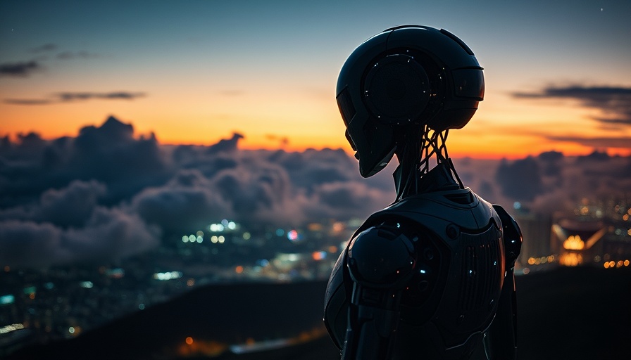 Futuristic robot overlooking a city at night, representing AI infrastructure.