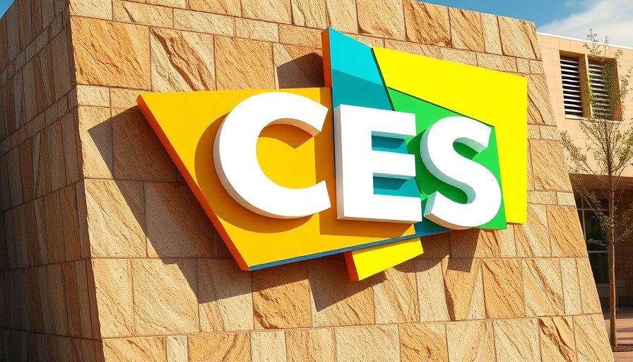 Colorful CES 2025 sign on geometric structure, sunny outdoor display.