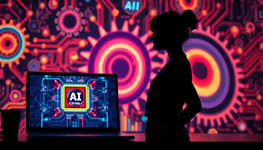 Silhouette of a woman with AI chip on laptop screen, vibrant digital background.