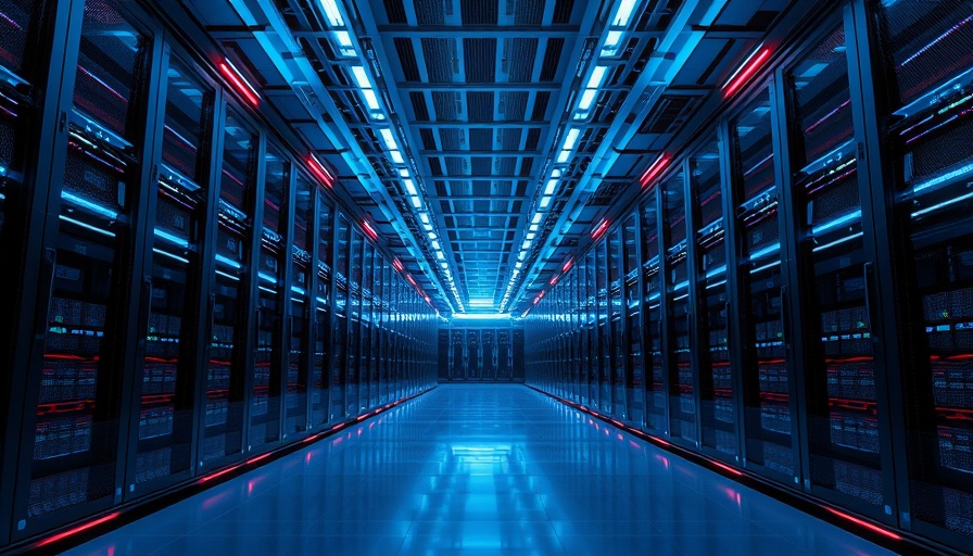 Futuristic AI data center corridor with vibrant blue lighting