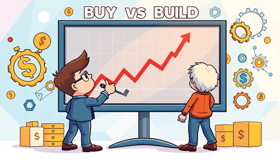 Buy vs Build dilemma cartoon with technology elements and gears.