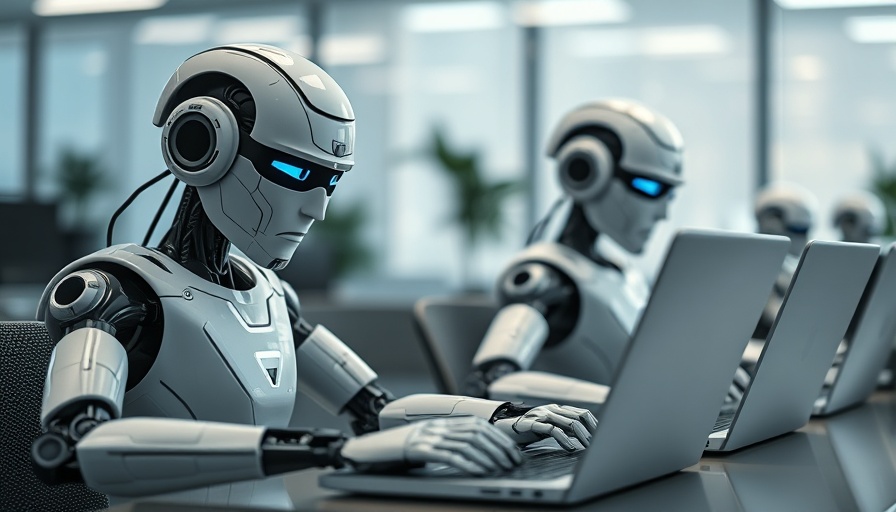 AI in data analytics: robots using laptops in office.