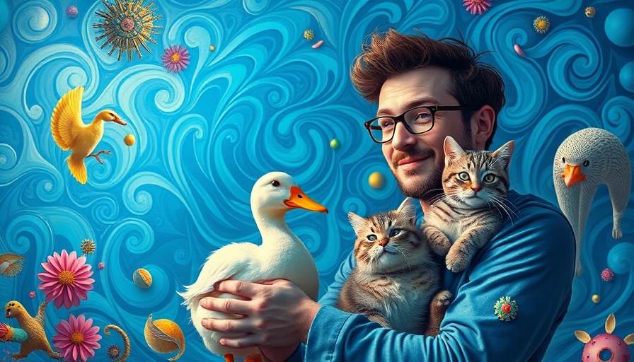 Surreal AI advancements scene with man, duck, and cat in digital art.