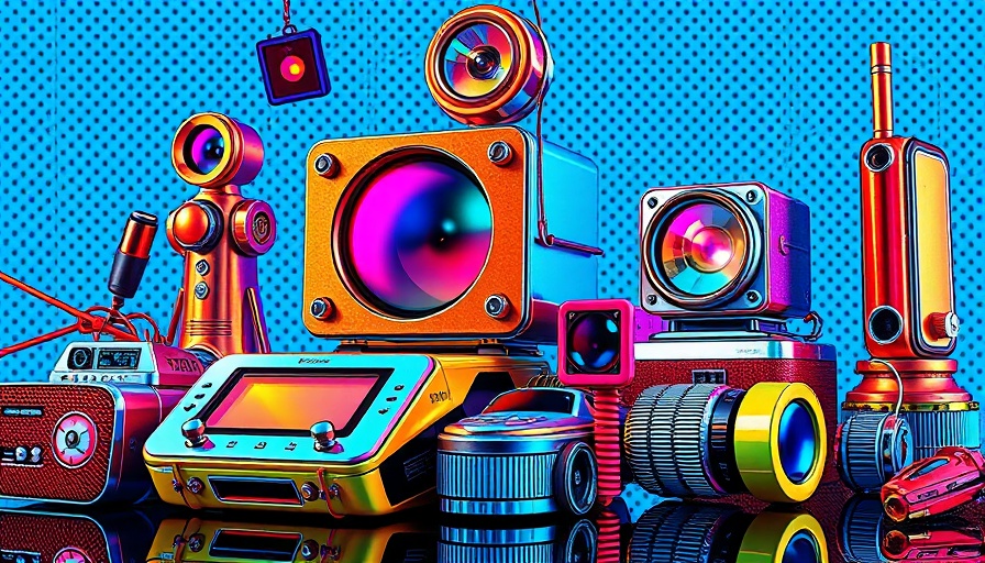 Futuristic tech devices in vibrant colors with halftone background.