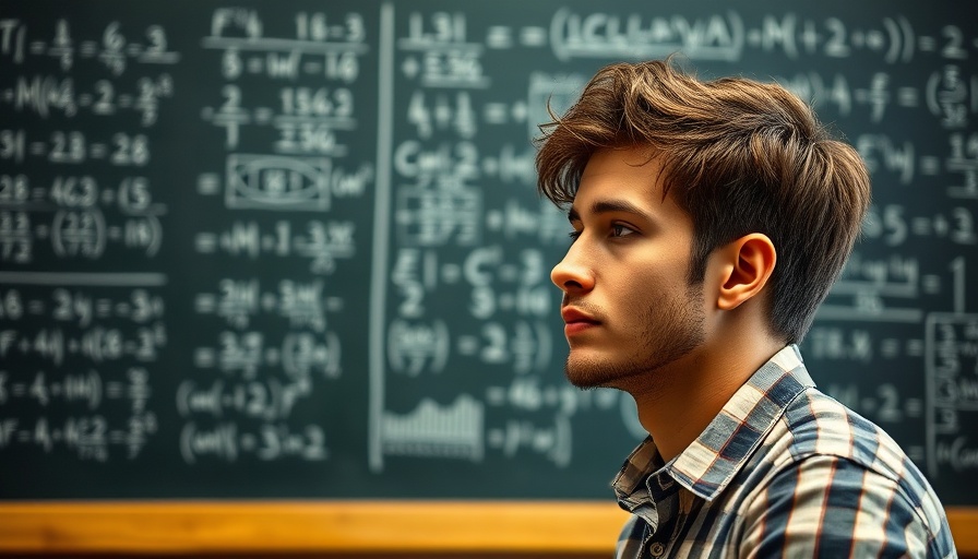 Contemplative young man studying language models on a chalkboard.