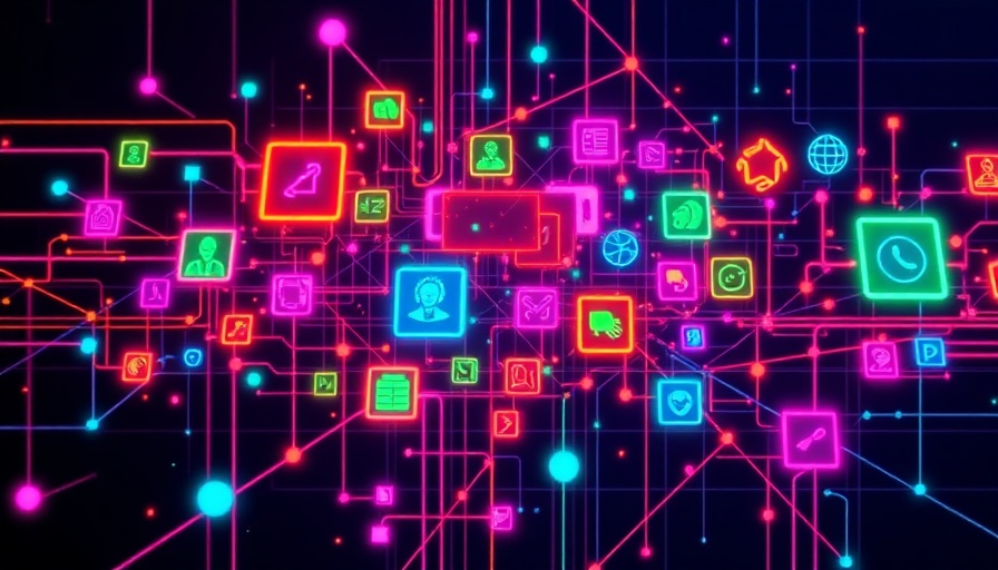 Futuristic AI agents illustration with neon digital icons.