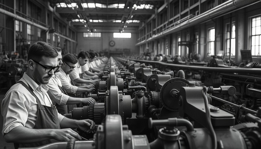 Historic factory scene depicting workers in a large industrial setting, AI policy