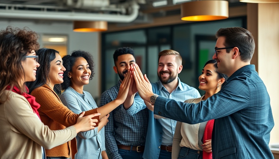 Diverse team celebrating success with high-five in office, AI automation theme.