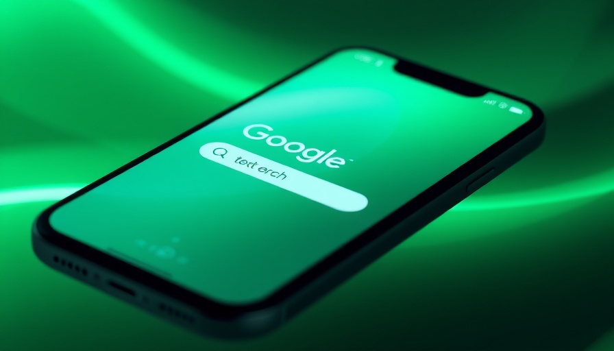 Smartphone with Google search query on abstract green gradient, AI Overviews.