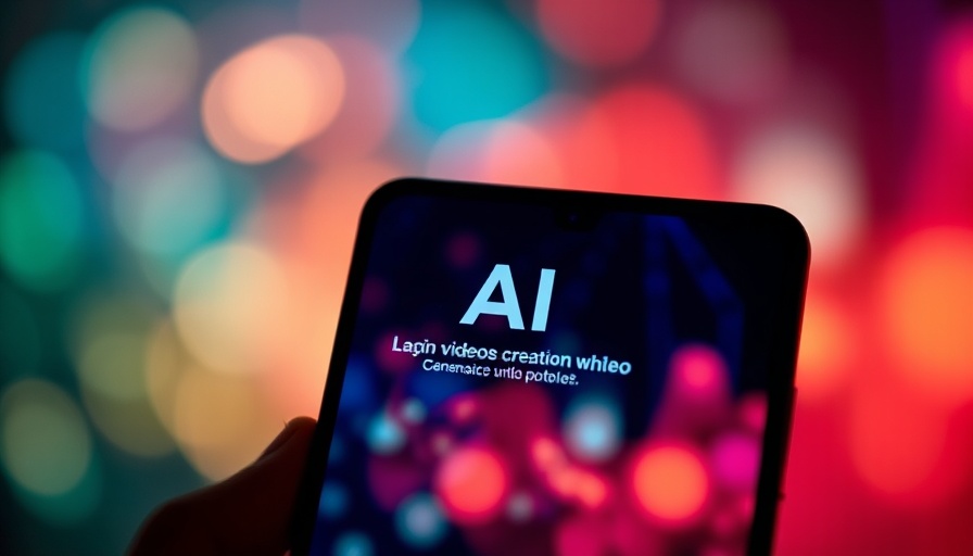 Smartphone with AI video creation app interface, text background.