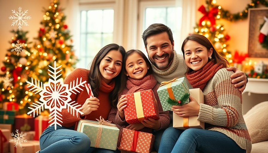 AI holiday photos: family by a Christmas tree with gifts and snowflakes.